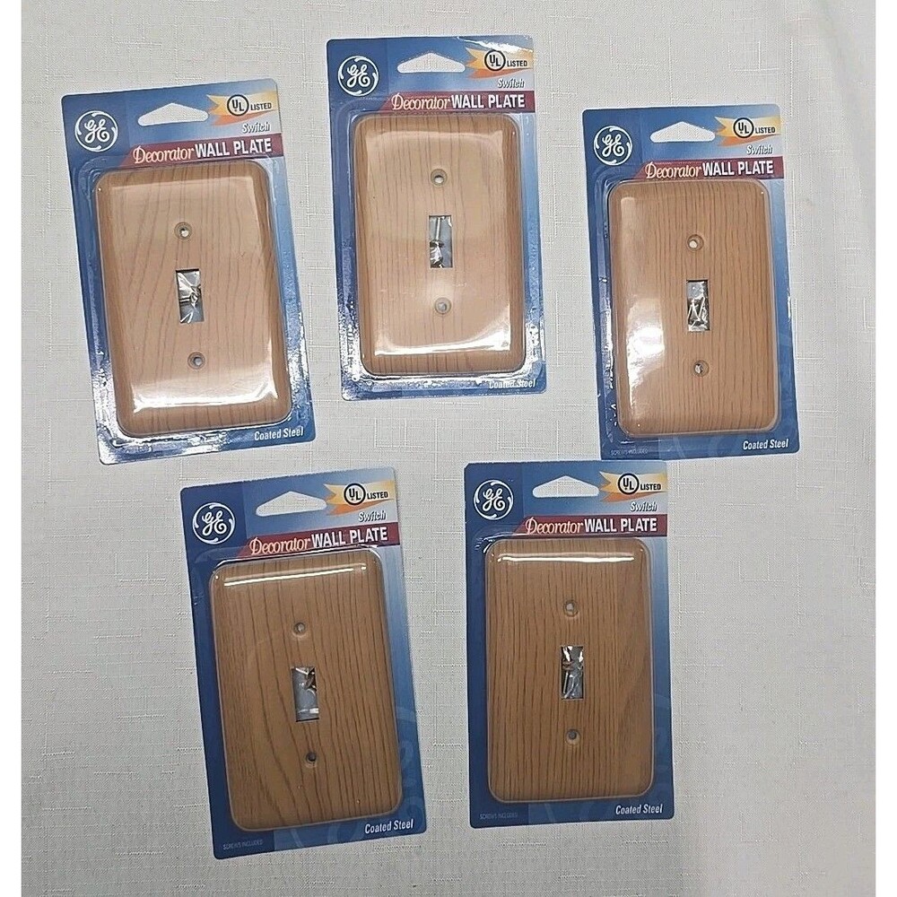 Vtg Lot of 5 GE Decorator Wall Plates Switch Cover Coated Steel Wood Grain